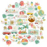 The World Awaits Die Cuts, main product image, showing pre-cut scrapbook embellishments for layouts, handmade cards, journals, mini albums, memory pages, and layered paper crafts. Buyer theme: Travel & Vacation Scrapbook Die Cuts. Travel die cuts with tropical flowers, palm leaves, maps, passport, camera, globe, vans and vacation word art. Visible artwork includes hibiscus flowers, plumeria flowers, monstera leaves, palm fronds. Color palette includes coral, mint, teal