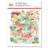 The World Awaits Die Cuts, packaging image, showing pre-cut scrapbook embellishments for layouts, handmade cards, journals, mini albums, memory pages, and layered paper crafts. Buyer theme: Travel & Vacation Scrapbook Die Cuts. Travel die cuts with tropical flowers, palm leaves, maps, passport, camera, globe, vans and vacation word art. Visible artwork includes passport, camera, globe, map. Coordinating patterns include route line sketch, striped journaling paper, travel icons