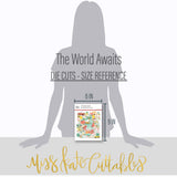 The World Awaits Die Cuts, size guide image, showing pre-cut scrapbook embellishments for layouts, handmade cards, journals, mini albums, memory pages, and layered paper crafts. Buyer theme: Travel & Vacation Scrapbook Die Cuts. Travel die cuts with tropical flowers, palm leaves, maps, passport, camera, globe, vans and vacation word art. Visible artwork includes monstera leaves, palm fronds, airplane, passport. Coordinating patterns include palm leaf pattern, confetti dots, vacation plaid