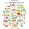 The World Awaits Die Cuts, die cuts spread out image, showing pre-cut scrapbook embellishments for layouts, handmade cards, journals, mini albums, memory pages, and layered paper crafts. Buyer theme: Travel & Vacation Scrapbook Die Cuts. Travel die cuts with tropical flowers, palm leaves, maps, passport, camera, globe, vans and vacation word art. Visible artwork includes palm fronds, airplane, passport, camera. Coordinating patterns include confetti dots, vacation plaid, route line sketch