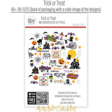 Trick or Treat Die Cuts, back packaging image, showing pre-cut scrapbook embellishments for layouts, handmade cards, journals, mini albums, memory pages, and layered paper crafts. Buyer theme: Cute Halloween Die Cuts & Ephemera. Trick or Treat die cuts with ghosts, pumpkins, bats, spiderwebs, black cats, haunted houses, candy corn, costume characters and Halloween phrases. Scrapbook die cuts, paper embellishments, card making accents, journal decorations, and layered paper craft supplies