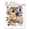 Trick or Treat Die Cuts, packaging image, showing pre-cut scrapbook embellishments for layouts, handmade cards, journals, mini albums, memory pages, and layered paper crafts. Buyer theme: Cute Halloween Die Cuts & Ephemera. Trick or Treat die cuts with ghosts, pumpkins, bats, spiderwebs, black cats, haunted houses, candy corn, costume characters and Halloween phrases. Scrapbook die cuts, paper embellishments, card making accents, journal decorations, and layered paper craft supplies