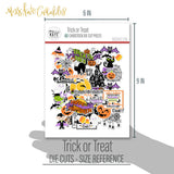 Trick or Treat Die Cuts, size guide shown in hand for scale, showing pre-cut scrapbook embellishments for layouts, handmade cards, journals, mini albums, memory pages, and layered paper crafts. Buyer theme: Cute Halloween Die Cuts & Ephemera. Trick or Treat die cuts with ghosts, pumpkins, bats, spiderwebs, black cats, haunted houses, candy corn, costume characters and Halloween phrases. Use the coordinating pieces to layer around photographs, journaling, titles, and paper details