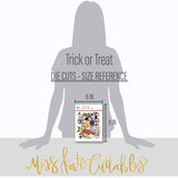 Trick or Treat Die Cuts, size guide image, showing pre-cut scrapbook embellishments for layouts, handmade cards, journals, mini albums, memory pages, and layered paper crafts. Buyer theme: Cute Halloween Die Cuts & Ephemera. Trick or Treat die cuts with ghosts, pumpkins, bats, spiderwebs, black cats, haunted houses, candy corn, costume characters and Halloween phrases. Scrapbook die cuts, paper embellishments, card making accents, journal decorations, and layered paper craft supplies