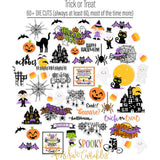 Trick or Treat Bundle, die cuts spread out image, showing complete coordinated paper craft set with 12x12 papers, 6x6 papers, cardstock, die cuts, and stickers for layouts, cards, albums, journals, and keepsakes. Buyer theme: Complete Cute Halloween Scrapbook Bundle. Trick or Treat complete scrapbook bundle with 12x12 paper, 6x6 paper, coordinating cardstock, stickers and die cuts