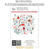 Warm Winter Wishes Die Cuts, back packaging image, showing pre-cut scrapbook embellishments for layouts, handmade cards, journals, mini albums, memory pages, and layered paper crafts. Buyer theme: Winter Die Cuts & Snow Day Embellishments. Warm Winter Wishes Die Cuts with snowmen, snow globes, skiers, evergreen trees, deer, mittens, cocoa mugs, cabins, snowflakes and winter titles. Coordinating patterns include Diagonal candy stripes, Snowman repeats, Cabin scenes
