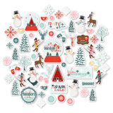 Warm Winter Wishes Die Cuts, main product image, showing pre-cut scrapbook embellishments for layouts, handmade cards, journals, mini albums, memory pages, and layered paper crafts. Buyer theme: Winter Die Cuts & Snow Day Embellishments. Warm Winter Wishes Die Cuts with snowmen, snow globes, skiers, evergreen trees, deer, mittens, cocoa mugs, cabins, snowflakes and winter titles. Coordinating patterns include Buffalo checks and winter plaids, Snowflake scatters, Evergreen tree repeats