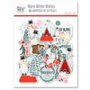 Warm Winter Wishes Die Cuts, packaging image, showing pre-cut scrapbook embellishments for layouts, handmade cards, journals, mini albums, memory pages, and layered paper crafts. Buyer theme: Winter Die Cuts & Snow Day Embellishments. Warm Winter Wishes Die Cuts with snowmen, snow globes, skiers, evergreen trees, deer, mittens, cocoa mugs, cabins, snowflakes and winter titles. Coordinating patterns include Snowman repeats, Cabin scenes, Tiny snowy dots
