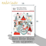 Warm Winter Wishes Die Cuts, size guide shown in hand for scale, showing pre-cut scrapbook embellishments for layouts, handmade cards, journals, mini albums, memory pages, and layered paper crafts. Buyer theme: Winter Die Cuts & Snow Day Embellishments. Warm Winter Wishes Die Cuts with snowmen, snow globes, skiers, evergreen trees, deer, mittens, cocoa mugs, cabins, snowflakes and winter titles. Coordinating patterns include Snowflake scatters, Evergreen tree repeats, Winter berry branches
