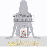 Warm Winter Wishes Die Cuts, size guide image, showing pre-cut scrapbook embellishments for layouts, handmade cards, journals, mini albums, memory pages, and layered paper crafts. Buyer theme: Winter Die Cuts & Snow Day Embellishments. Warm Winter Wishes Die Cuts with snowmen, snow globes, skiers, evergreen trees, deer, mittens, cocoa mugs, cabins, snowflakes and winter titles. Coordinating patterns include Evergreen tree repeats, Winter berry branches, Diagonal candy stripes