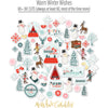 Warm Winter Wishes Die Cuts, die cuts spread out image, showing pre-cut scrapbook embellishments for layouts, handmade cards, journals, mini albums, memory pages, and layered paper crafts. Buyer theme: Winter Die Cuts & Snow Day Embellishments. Warm Winter Wishes Die Cuts with snowmen, snow globes, skiers, evergreen trees, deer, mittens, cocoa mugs, cabins, snowflakes and winter titles. Coordinating patterns include Winter berry branches, Diagonal candy stripes, Snowman repeats