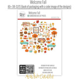 Welcome Fall Die Cuts, back packaging image, showing pre-cut scrapbook embellishments for layouts, handmade cards, journals, mini albums, memory pages, and layered paper crafts. Buyer theme: Autumn Scrapbook Die Cuts & Ephemera. Welcome Fall die cuts with pumpkins, leaves, sunflowers, corn, woodland animals, teal trucks, trees, acorns and autumn phrases. Color palette includes Pumpkin orange, burnt orange, harvest gold, sunflower yellow, olive green, moss green, teal, aqua, tan and brown