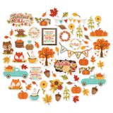 Welcome Fall Die Cuts, main product image, showing pre-cut scrapbook embellishments for layouts, handmade cards, journals, mini albums, memory pages, and layered paper crafts. Buyer theme: Autumn Scrapbook Die Cuts & Ephemera. Welcome Fall die cuts with pumpkins, leaves, sunflowers, corn, woodland animals, teal trucks, trees, acorns and autumn phrases. Color palette includes Pumpkin orange, burnt orange, harvest gold, sunflower yellow, olive green, moss green, teal, aqua, tan and brown