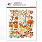 Welcome Fall Die Cuts, packaging image, showing pre-cut scrapbook embellishments for layouts, handmade cards, journals, mini albums, memory pages, and layered paper crafts. Buyer theme: Autumn Scrapbook Die Cuts & Ephemera. Welcome Fall die cuts with pumpkins, leaves, sunflowers, corn, woodland animals, teal trucks, trees, acorns and autumn phrases. Color palette includes Pumpkin orange, burnt orange, harvest gold, sunflower yellow, olive green, moss green, teal, aqua, tan and brown