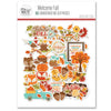 Welcome Fall Die Cuts, packaging image, showing pre-cut scrapbook embellishments for layouts, handmade cards, journals, mini albums, memory pages, and layered paper crafts. Buyer theme: Autumn Scrapbook Die Cuts & Ephemera. Welcome Fall die cuts with pumpkins, leaves, sunflowers, corn, woodland animals, teal trucks, trees, acorns and autumn phrases. Color palette includes Pumpkin orange, burnt orange, harvest gold, sunflower yellow, olive green, moss green, teal, aqua, tan and brown