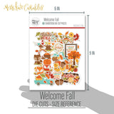 Welcome Fall Die Cuts, size guide shown in hand for scale, showing pre-cut scrapbook embellishments for layouts, handmade cards, journals, mini albums, memory pages, and layered paper crafts. Buyer theme: Autumn Scrapbook Die Cuts & Ephemera. Welcome Fall die cuts with pumpkins, leaves, sunflowers, corn, woodland animals, teal trucks, trees, acorns and autumn phrases. Scrapbook die cuts, paper embellishments, card making accents, journal decorations, and layered paper craft supplies
