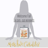 Welcome Fall Die Cuts, size guide image, showing pre-cut scrapbook embellishments for layouts, handmade cards, journals, mini albums, memory pages, and layered paper crafts. Buyer theme: Autumn Scrapbook Die Cuts & Ephemera. Welcome Fall die cuts with pumpkins, leaves, sunflowers, corn, woodland animals, teal trucks, trees, acorns and autumn phrases. Color palette includes Pumpkin orange, burnt orange, harvest gold, sunflower yellow, olive green, moss green, teal, aqua, tan and brown