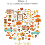 Welcome Fall Bundle, die cuts spread out image, showing complete coordinated paper craft set with 12x12 papers, 6x6 papers, cardstock, die cuts, and stickers for layouts, cards, albums, journals, and keepsakes. Buyer theme: Complete Fall Scrapbook Bundle. Welcome Fall complete scrapbook bundle with 12x12 paper, 6x6 paper, coordinating cardstock, stickers and die cuts. Scrapbook paper bundle, card making supplies, junk journal materials, mini album paper, and coordinated craft supplies