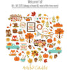 Welcome Fall Collection, die cuts spread out image, showing coordinated Paper & Sticker Kit, full-size Die Cuts, and Sticker Sheet for scrapbook layouts, memory albums, cards, journals, and keepsakes. Buyer theme: Coordinated Fall Scrapbook Collection. Welcome Fall coordinated scrapbook collection with 12x12 paper, stickers and die-cut autumn embellishments. Color palette includes Pumpkin orange, burnt orange, harvest gold, sunflower yellow, olive green, moss green, teal, aqua, tan and brown