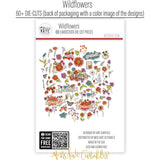 Wildflowers Die Cuts, back packaging image, showing pre-cut scrapbook embellishments for layouts, handmade cards, journals, mini albums, memory pages, and layered paper crafts. Buyer theme: Botanical Die Cuts & Floral Scrapbook Embellishments. Wildflowers Die Cuts with floral titles, daisies, coneflowers, strawberries, berry clusters, birds, butterfly, leaves, stems, bouquets and vintage banner accents. Designed for Card making, Mini albums, Junk journals