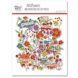 Wildflowers Die Cuts, packaging image, showing pre-cut scrapbook embellishments for layouts, handmade cards, journals, mini albums, memory pages, and layered paper crafts. Buyer theme: Botanical Die Cuts & Floral Scrapbook Embellishments. Wildflowers Die Cuts with floral titles, daisies, coneflowers, strawberries, berry clusters, birds, butterfly, leaves, stems, bouquets and vintage banner accents. Designed for Mini albums, Junk journals, Botanical paper crafts