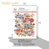 Wildflowers Die Cuts, size guide shown in hand for scale, showing pre-cut scrapbook embellishments for layouts, handmade cards, journals, mini albums, memory pages, and layered paper crafts. Buyer theme: Botanical Die Cuts & Floral Scrapbook Embellishments. Wildflowers Die Cuts with floral titles, daisies, coneflowers, strawberries, berry clusters, birds, butterfly, leaves, stems, bouquets and vintage banner accents