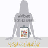 Wildflowers Die Cuts, size guide image, showing pre-cut scrapbook embellishments for layouts, handmade cards, journals, mini albums, memory pages, and layered paper crafts. Buyer theme: Botanical Die Cuts & Floral Scrapbook Embellishments. Wildflowers Die Cuts with floral titles, daisies, coneflowers, strawberries, berry clusters, birds, butterfly, leaves, stems, bouquets and vintage banner accents. Coordinating patterns include Teal and coral floral fields, Purple polka dots, Mustard gingham