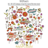 Wildflowers Die Cuts, die cuts spread out image, showing pre-cut scrapbook embellishments for layouts, handmade cards, journals, mini albums, memory pages, and layered paper crafts. Buyer theme: Botanical Die Cuts & Floral Scrapbook Embellishments. Wildflowers Die Cuts with floral titles, daisies, coneflowers, strawberries, berry clusters, birds, butterfly, leaves, stems, bouquets and vintage banner accents. Designed for Spring and summer memory pages, Card making, Mini albums