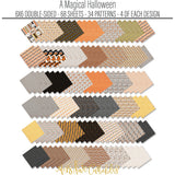 A Magical Halloween 6x6 Double-Sided Paper Pack, papers spread out image, showing 6x6 scrapbook paper for handmade cards, mini albums, junk journals, paper layering, small-scale layouts, and coordinated paper crafts. Buyer theme: Halloween 6x6 Paper for Cards & Mini Albums. A Magical Halloween 6x6 double-sided scrapbook paper with scaled orange, black, yellow and white Halloween patterns for cards and mini albums