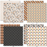 A Magical Halloween 6x6 Double-Sided Paper Pack, 6x6 double-sided paper pack paper patterns 1 through 8 preview, showing 6x6 scrapbook paper for handmade cards, mini albums, junk journals, paper layering, small-scale layouts, and coordinated paper crafts. Buyer theme: Halloween 6x6 Paper for Cards & Mini Albums. A Magical Halloween 6x6 double-sided scrapbook paper with scaled orange, black, yellow and white Halloween patterns for cards and mini albums