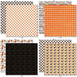 A Magical Halloween 6x6 Double-Sided Paper Pack, 6x6 double-sided paper pack paper patterns 17 through 24 preview, showing 6x6 scrapbook paper for handmade cards, mini albums, junk journals, paper layering, small-scale layouts, and coordinated paper crafts. Buyer theme: Halloween 6x6 Paper for Cards & Mini Albums. A Magical Halloween 6x6 double-sided scrapbook paper with scaled orange, black, yellow and white Halloween patterns for cards and mini albums