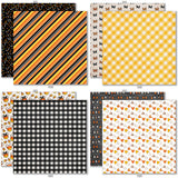 A Magical Halloween 6x6 Double-Sided Paper Pack, 6x6 double-sided paper pack paper patterns 9 through 16 preview, showing 6x6 scrapbook paper for handmade cards, mini albums, junk journals, paper layering, small-scale layouts, and coordinated paper crafts. Buyer theme: Halloween 6x6 Paper for Cards & Mini Albums. A Magical Halloween 6x6 double-sided scrapbook paper with scaled orange, black, yellow and white Halloween patterns for cards and mini albums