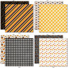 A Magical Halloween 6x6 Double-Sided Paper Pack, 6x6 double-sided paper pack paper patterns 9 through 16 preview, showing 6x6 scrapbook paper for handmade cards, mini albums, junk journals, paper layering, small-scale layouts, and coordinated paper crafts. Buyer theme: Halloween 6x6 Paper for Cards & Mini Albums. A Magical Halloween 6x6 double-sided scrapbook paper with scaled orange, black, yellow and white Halloween patterns for cards and mini albums