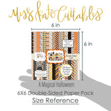 A Magical Halloween 6x6 Double-Sided Paper Pack, size guide shown in hand for scale, showing 6x6 scrapbook paper for handmade cards, mini albums, junk journals, paper layering, small-scale layouts, and coordinated paper crafts. Buyer theme: Halloween 6x6 Paper for Cards & Mini Albums. A Magical Halloween 6x6 double-sided scrapbook paper with scaled orange, black, yellow and white Halloween patterns for cards and mini albums