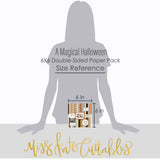 A Magical Halloween 6x6 Double-Sided Paper Pack, standing size guide image, showing 6x6 scrapbook paper for handmade cards, mini albums, junk journals, paper layering, small-scale layouts, and coordinated paper crafts. Buyer theme: Halloween 6x6 Paper for Cards & Mini Albums. A Magical Halloween 6x6 double-sided scrapbook paper with scaled orange, black, yellow and white Halloween patterns for cards and mini albums