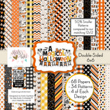 A Magical Halloween 6x6 Double-Sided Paper Pack, high resolution cover image, showing 6x6 scrapbook paper for handmade cards, mini albums, junk journals, paper layering, small-scale layouts, and coordinated paper crafts. Buyer theme: Halloween 6x6 Paper for Cards & Mini Albums. A Magical Halloween 6x6 double-sided scrapbook paper with scaled orange, black, yellow and white Halloween patterns for cards and mini albums