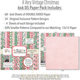 A Very Vintage Christmas 6x6 Double-Sided Paper Pack, 6x6 paper pack cover and includes preview, showing 6x6 scrapbook paper for handmade cards, mini albums, junk journals, paper layering, small-scale layouts, and coordinated paper crafts. Buyer theme: Vintage Christmas 6x6 Paper for Cards & Mini Albums. A Very Vintage Christmas 6x6 double-sided scrapbook paper with scaled retro holiday patterns for cards and mini albums