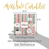 A Very Vintage Christmas 6x6 Double-Sided Paper Pack, size guide shown in hand for scale, showing 6x6 scrapbook paper for handmade cards, mini albums, junk journals, paper layering, small-scale layouts, and coordinated paper crafts. Buyer theme: Vintage Christmas 6x6 Paper for Cards & Mini Albums. A Very Vintage Christmas 6x6 double-sided scrapbook paper with scaled retro holiday patterns for cards and mini albums