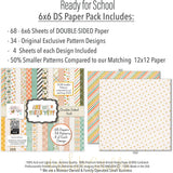 Are We There Yet? 6x6 Double-Sided Paper Pack, 6x6 paper pack cover and includes preview, showing 6x6 scrapbook paper for handmade cards, mini albums, junk journals, paper layering, small-scale layouts, and coordinated paper crafts. Buyer theme: Travel Card Making & Mini Album Paper Pack. 6x6 double-sided travel paper pack with scaled retro cars, airplanes, cameras, maps, flowers, plaids, dots, stripes, and journaling patterns. Color palette includes sunshine yellow, burnt orange, soft coral