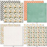 Are We There Yet? 6x6 Double-Sided Paper Pack, 6x6 double-sided paper pack paper patterns 25 through 32 preview, showing 6x6 scrapbook paper for handmade cards, mini albums, junk journals, paper layering, small-scale layouts, and coordinated paper crafts. Buyer theme: Travel Card Making & Mini Album Paper Pack. 6x6 double-sided travel paper pack with scaled retro cars, airplanes, cameras, maps, flowers, plaids, dots, stripes, and journaling patterns