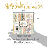 Are We There Yet? 6x6 Double-Sided Paper Pack, size guide shown in hand for scale, showing 6x6 scrapbook paper for handmade cards, mini albums, junk journals, paper layering, small-scale layouts, and coordinated paper crafts. Buyer theme: Travel Card Making & Mini Album Paper Pack. 6x6 double-sided travel paper pack with scaled retro cars, airplanes, cameras, maps, flowers, plaids, dots, stripes, and journaling patterns. Coordinating patterns include pastel plaid, checkerboard, pin dots