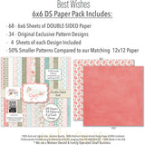 Best Wishes 6x6 Double-Sided Paper Pack, 6x6 paper pack cover and includes preview, showing 6x6 scrapbook paper for handmade cards, mini albums, junk journals, paper layering, small-scale layouts, and coordinated paper crafts. Buyer theme: Floral 6x6 Scrapbook Paper for Cards & Mini Albums. 6x6 double-sided floral paper pack. Visible artwork includes sentiment labels, watercolor roses, ribbon bows, wildflowers. Coordinating patterns include diamond lattice, gingham, plaid