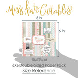 Best Wishes 6x6 Double-Sided Paper Pack, size guide shown in hand for scale, showing 6x6 scrapbook paper for handmade cards, mini albums, junk journals, paper layering, small-scale layouts, and coordinated paper crafts. Buyer theme: Floral 6x6 Scrapbook Paper for Cards & Mini Albums. 6x6 double-sided floral paper pack. Visible artwork includes wildflowers, leafy sprigs, floral banners, sentiment labels. Coordinating patterns include polka dots, floral toss, botanical print