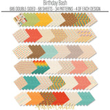 Birthday Bash 6x6 Double-Sided Paper Pack, papers spread out image, showing 6x6 scrapbook paper for handmade cards, mini albums, junk journals, paper layering, small-scale layouts, and coordinated paper crafts. Buyer theme: Birthday 6x6 Paper for Cards & Mini Albums. Birthday Bash 6x6 Double-Sided Paper Pack with scaled birthday patterns for cards, mini albums, journals and smaller celebration projects. Coordinating patterns include Balloon toss patterns, Cake and cupcake toss, Candle rows