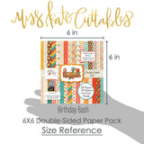 Birthday Bash 6x6 Double-Sided Paper Pack, size guide shown in hand for scale, showing 6x6 scrapbook paper for handmade cards, mini albums, junk journals, paper layering, small-scale layouts, and coordinated paper crafts. Buyer theme: Birthday 6x6 Paper for Cards & Mini Albums. Birthday Bash 6x6 Double-Sided Paper Pack with scaled birthday patterns for cards, mini albums, journals and smaller celebration projects. Designed for Birthday card making, Mini albums, Junk journals