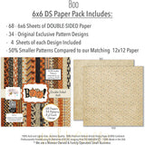 Boo 6x6 Double-Sided Paper Pack, 6x6 paper pack cover and includes preview, showing 6x6 scrapbook paper for handmade cards, mini albums, junk journals, paper layering, small-scale layouts, and coordinated paper crafts. Buyer theme: 6x6 Halloween Paper for Cards & Mini Albums. Boo 6x6 double-sided scrapbook paper with scaled pumpkins, ghosts, cats, candy corn, spiderwebs, stars, plaids and harlequin patterns