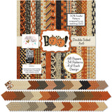 Boo 6x6 Double-Sided Paper Pack, 6x6 cover and paper spread out image, showing 6x6 scrapbook paper for handmade cards, mini albums, junk journals, paper layering, small-scale layouts, and coordinated paper crafts. Buyer theme: 6x6 Halloween Paper for Cards & Mini Albums. Boo 6x6 double-sided scrapbook paper with scaled pumpkins, ghosts, cats, candy corn, spiderwebs, stars, plaids and harlequin patterns