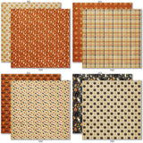 Boo 6x6 Double-Sided Paper Pack, 6x6 double-sided paper pack paper patterns 1 through 8 preview, showing 6x6 scrapbook paper for handmade cards, mini albums, junk journals, paper layering, small-scale layouts, and coordinated paper crafts. Buyer theme: 6x6 Halloween Paper for Cards & Mini Albums. Boo 6x6 double-sided scrapbook paper with scaled pumpkins, ghosts, cats, candy corn, spiderwebs, stars, plaids and harlequin patterns
