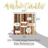 Boo 6x6 Double-Sided Paper Pack, size guide shown in hand for scale, showing 6x6 scrapbook paper for handmade cards, mini albums, junk journals, paper layering, small-scale layouts, and coordinated paper crafts. Buyer theme: 6x6 Halloween Paper for Cards & Mini Albums. Boo 6x6 double-sided scrapbook paper with scaled pumpkins, ghosts, cats, candy corn, spiderwebs, stars, plaids and harlequin patterns