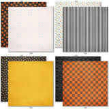 Chills and Thrills Monthly Box Add-On - 6x6 Double-Sided Paper Pack. first pattern group with pumpkins, candy, plaid, characters, ghosts and stripes.